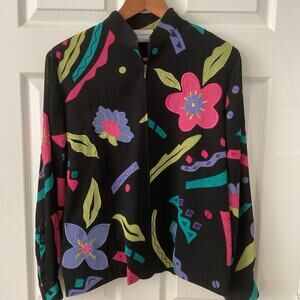 Alfred Dunner Top Colorful 90s Floral Applique Metallic Embroidered Zipper 10P